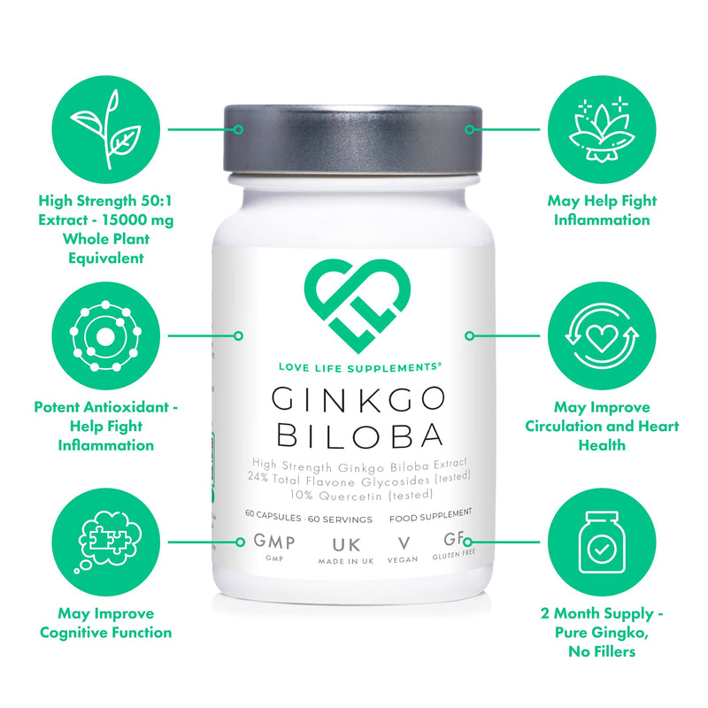 [Australia] - High Strength Ginkgo Biloba Capsules by LLS | 15,000mg 50:1 Extract (from Ginko Biloba Leaves) - 60 Servings | No Bulking Agents | Love Life Supplements - 'Clean, Effective, High Quality' 