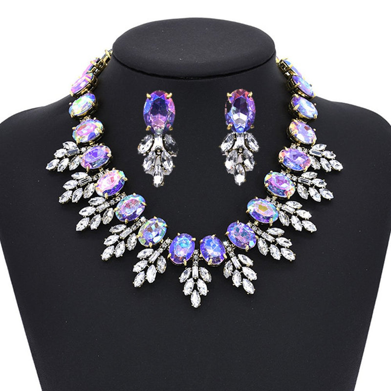 [Australia] - Zthread Lux Statment Necklace Leaf Crystal Choker Eveing Dress Brial Jewelry Necklace Earrings Set for Women Purple 