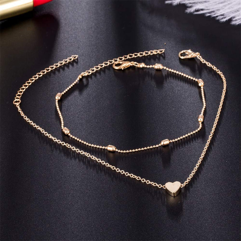 [Australia] - Fesciory Women Heart Anklet Adjustable Beach Layered Ankle Bracelets for Teen Girls Gold Alloy Foot Chain Jewelry 