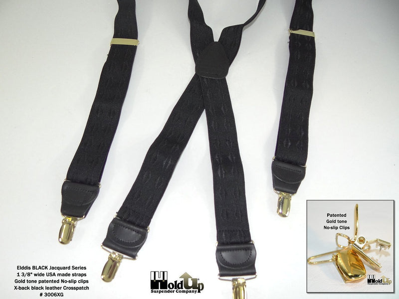[Australia] - Holdup Jacquard Series Elddis Reverse Diamond pattern Black on Black Jacquard X-back Suspenders with Gold No-slip Clips 