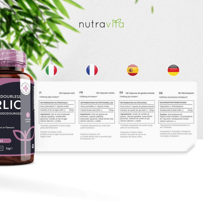 [Australia] - Premium Garlic Capsules - Odourless High Strength 15,000mg - 180 Soft Gel Capsules of Deodourised Cold Pressed Garlic Oil from Allium Sativum – 6 Month Supply - Made in The UK by Nutravita 