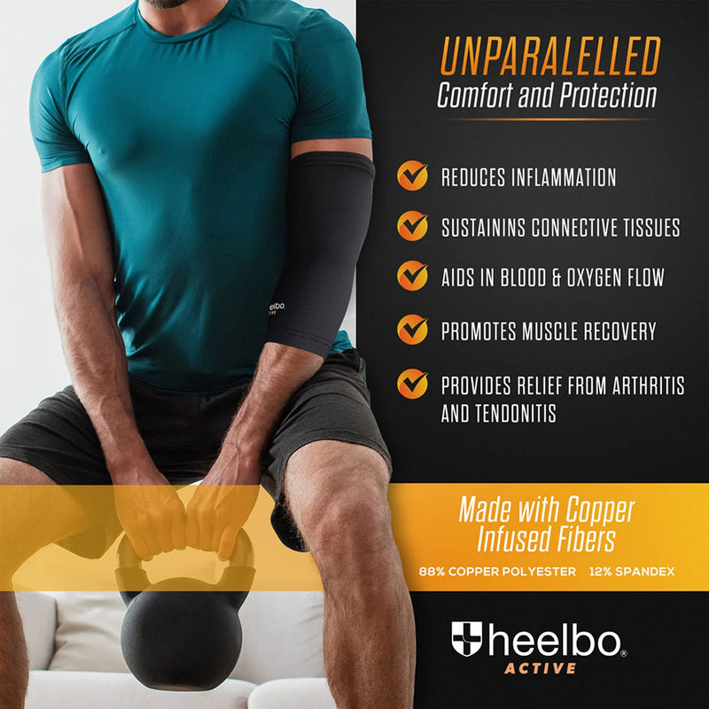 [Australia] - Heelbo Elbow Sleeve and Elbow Compression Sleeve with Copper Infused Fibers and Breathable Fabric for Tendonitis, Golfers Weight Lifting, Tennis Elbow or Arthritis for Men and Women, Black, Large Large (Pack of 1) 