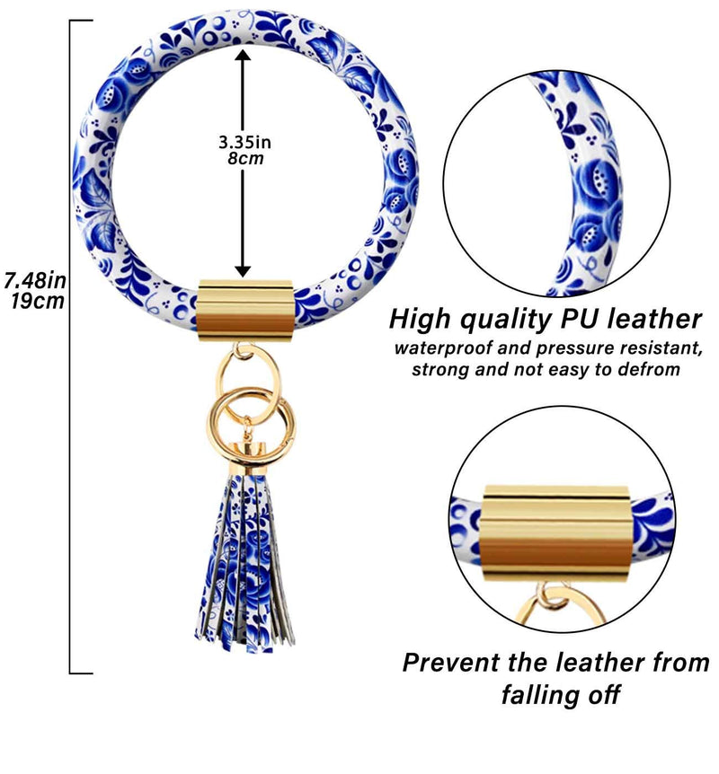 [Australia] - Diriway Key Ring Bracelets Wristlet Keychain Bangle Keyring Large Circle Leather Tassel Bracelet Holder For Women Gift A Blue and White Porcelain 