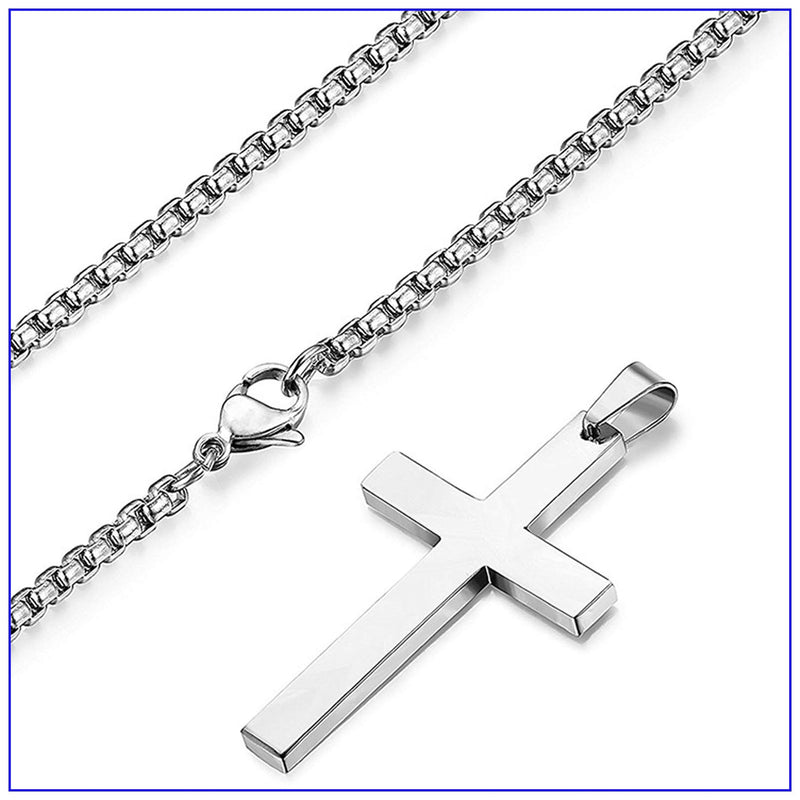 [Australia] - Fusamk Fashion Titanium Steel Prayer Cross Pendant Necklace,24" Box Chain Steel Cross 