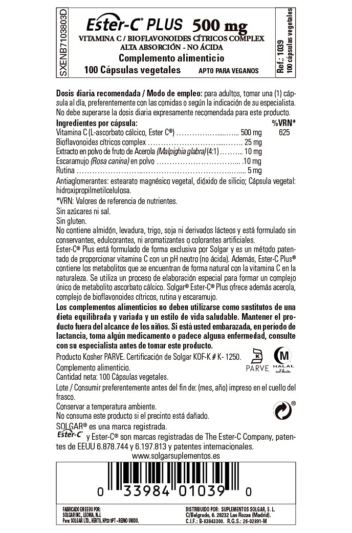 [Australia] - Solgar Ester-C Plus 500 mg Vitamin C (Ascorbate Complex) - Gentle & Non Acidic - Antioxidant & Immune Support - 100 Vegetable Capsules (100 Servings) 100 Count (Pack of 1) 
