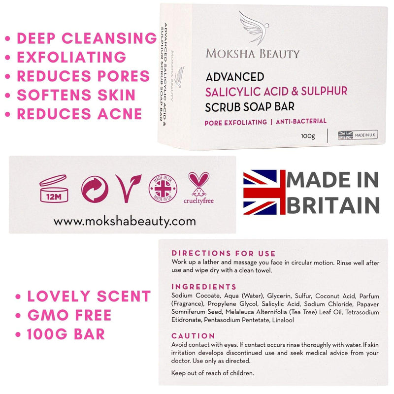 [Australia] - Sulphur Soap Bar with Salicylic Acid - [Made In U.K] Advanced Salicylic Acid & Sulphur Scrub Treatment Face Soap Bar | Paraben and Cruelty Free - 100g 