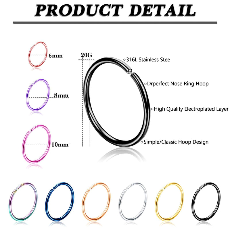 [Australia] - Drperfect 36Pcs 20G Nose Ring Hoop for Women Men 316L Stainless Steel Helix Tragus Lip Septum Ring Cartilage Earring Hoop Piercing Jewelry 6mm 8mm 10mm 