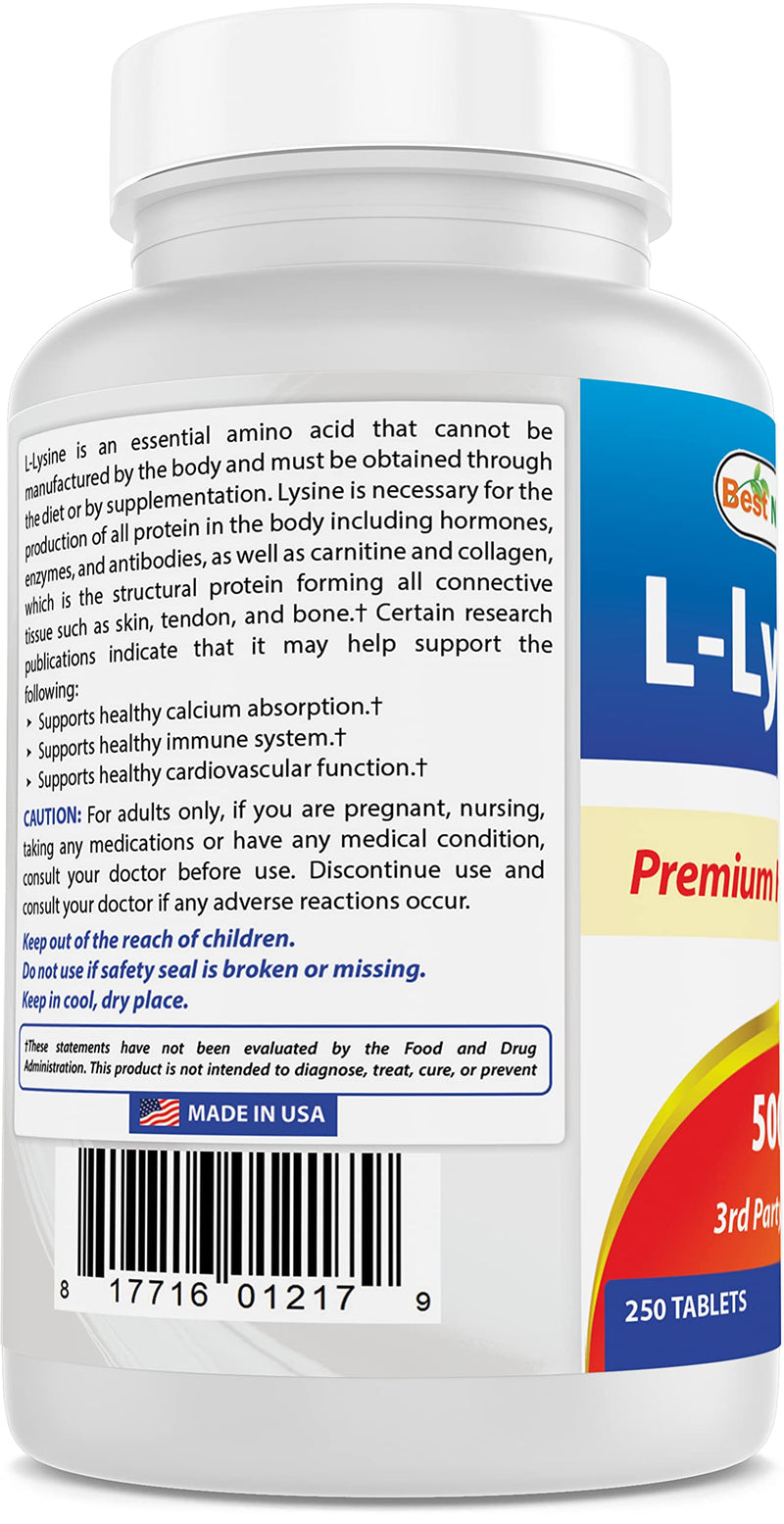 [Australia] - Best Naturals L-Lysine 500 mg 250 Tablets (250 Count (Pack of 1)) 250 Count (Pack of 1) 