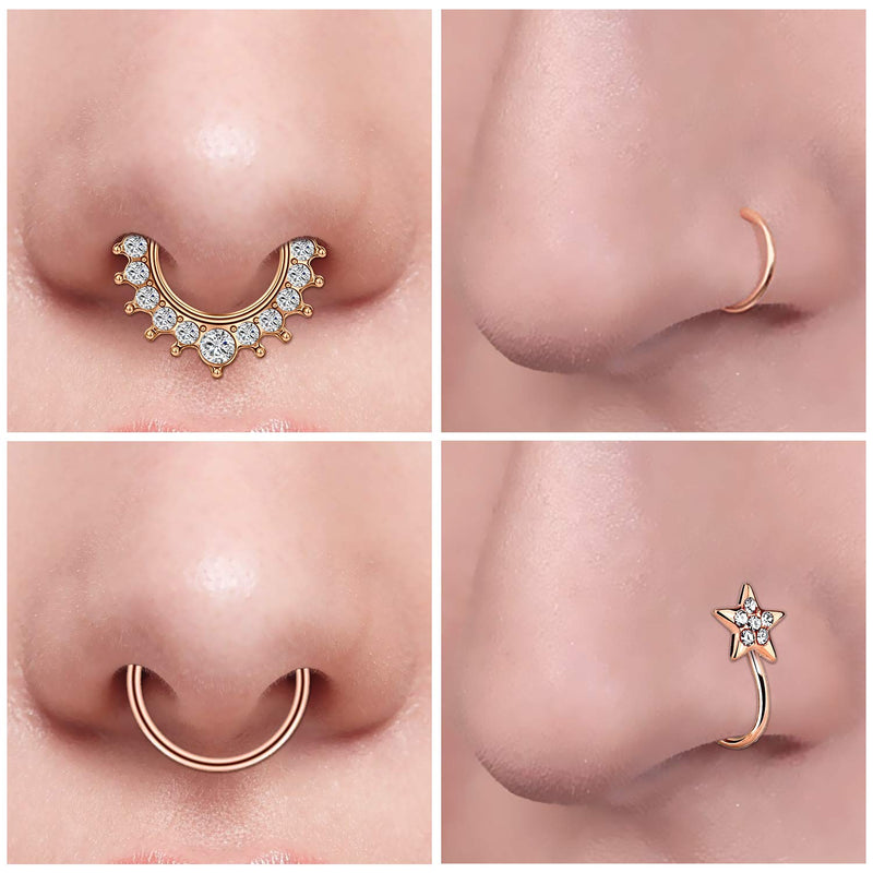 [Australia] - JFORYOU Fake Nose Rings Stainless Steel Inlaid CZ Faux Piercing Jewelry Fake Nose Ring Spring Clip on Circle Hoop No Pierced Septum Nose Ring Women Men 11 PCS Rose Gold Set 