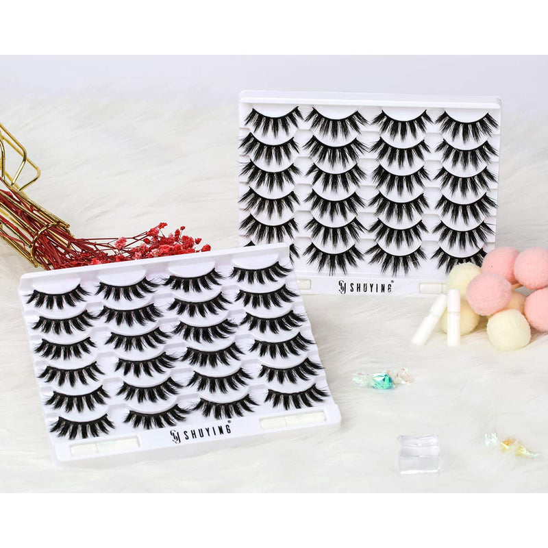 [Australia] - SY SHUYING 3D Faux Mink Eyelashes With Glue Dramatic Fluffy Wispy False Lashes Pack Hand-made Natural Look Long Thick Eyelashes (12 Pairs with Glue) 