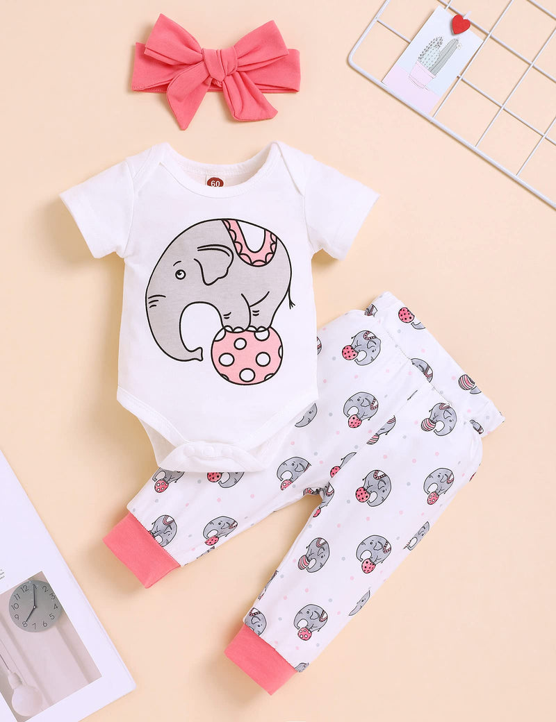 [Australia] - Newborn Infant Baby Girl Boy Clothes Short Sleeve Elephant Romper + Pants + Headband Hat 3Pcs Outfits Set Pink Newborn 