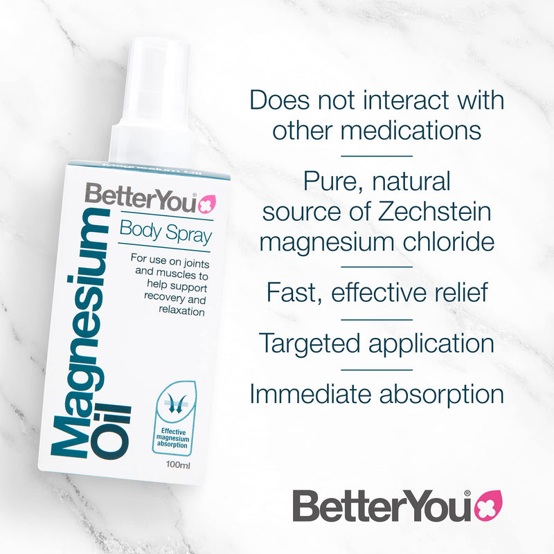 [Australia] - BetterYou Magnesium Oil Body Spray | Pure, Clean and Natural Source of Magnesium Chloride | Magnesium Spray | Vegan & Palm-Oil Free | 100ml (600 Sprays) Single 