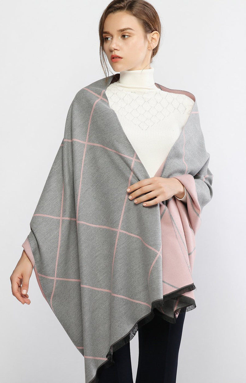 [Australia] - RIIQIICHY Women Winter Scarf Pashmina Shawl Wrap with Tassel Plaid Reversible Grey and Pink 