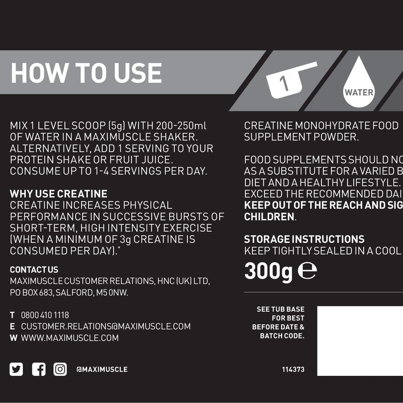 [Australia] - Maximuscle Creatine | Performance Boosting Creatine Monohydrate Powder | Unflavoured, 300g - 60 Servings 