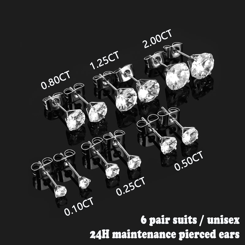 [Australia] - Mlonce Stainless Steel Stud Earrings Round Clear Cubic Zirconia Ear Studs for Women and Men Sensitive Ears Nickel Free CZ Stud Earrings Set Hypoallergenic, 6 Pairs 6-claw or 4-claw 