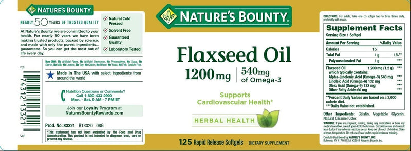 [Australia] - Nature's Bounty Flaxseed and Omega 3, Dietary Supplement, Supports Cardiovascular Health, 1200mg, Softgels, 125 Count (Pack of 1) 