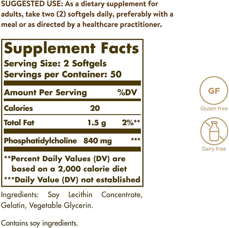 [Australia] - Solgar Phosphatidylcholine, 100 Softgels - Promote Healthy Cognitive Function - Derived From Lecithin - Contains Choline for Neurotransmitter Acetylcholine - Gluten Free, Dairy Free - 50 Servings 