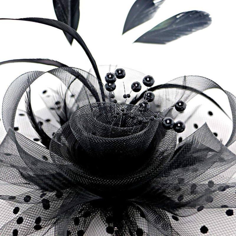 [Australia] - Fascinators Tea Party Hats for Women, Hat Flower Mesh Ribbons Feathers on a Headband and a Clip Headwear for Girls and Women Black+navy 