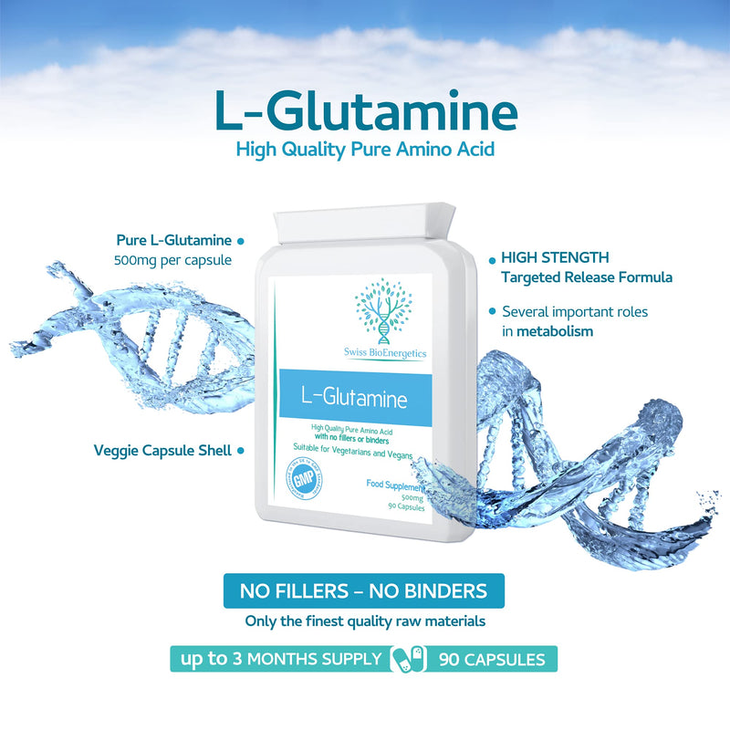 [Australia] - L-Glutamine 500mg 90 Capsules - Pure Amino Acid with no fillers or Binders - Suitable for Vegetarians and Vegans – Exclusively Manufactured in The UK 