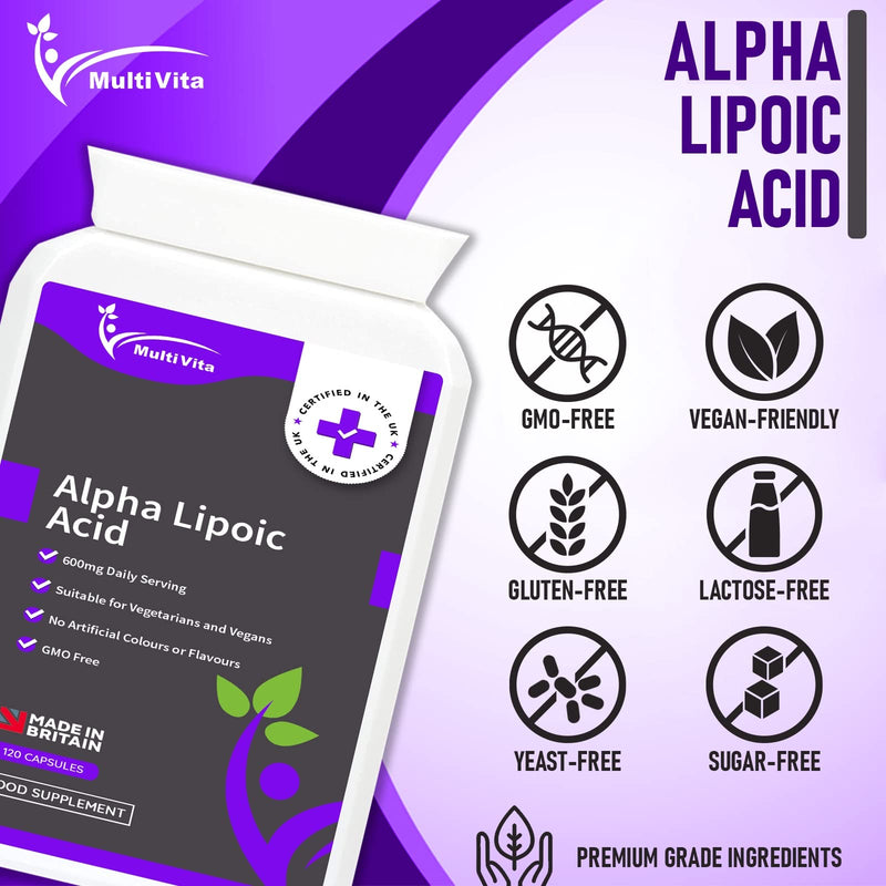 [Australia] - Alpha Lipoic Acid ALA 600mg Per Serving 120 Capsules - Antioxidant Supplement - Non GMO - UK Manufactured to GMP Standards 