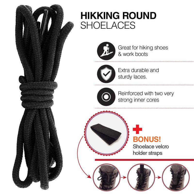 [Australia] - Round Boot Laces (3 Pairs) 5mm Durable Shoelaces for Hiking, Walking, Outdoor and Work Boots + Bonus Shoelaces Holder by CUBSER 160 Black-grey 