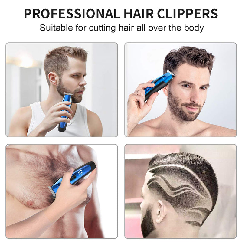 [Australia] - Hair Clippers for Men, Professional Cordless Clippers for Hair Cutting, Jsonfree Beard Trimmer & Grooming Kit with 6 Guide Combs, USB Rechargeable LED Display and IPX7 Waterproof (Blue) 