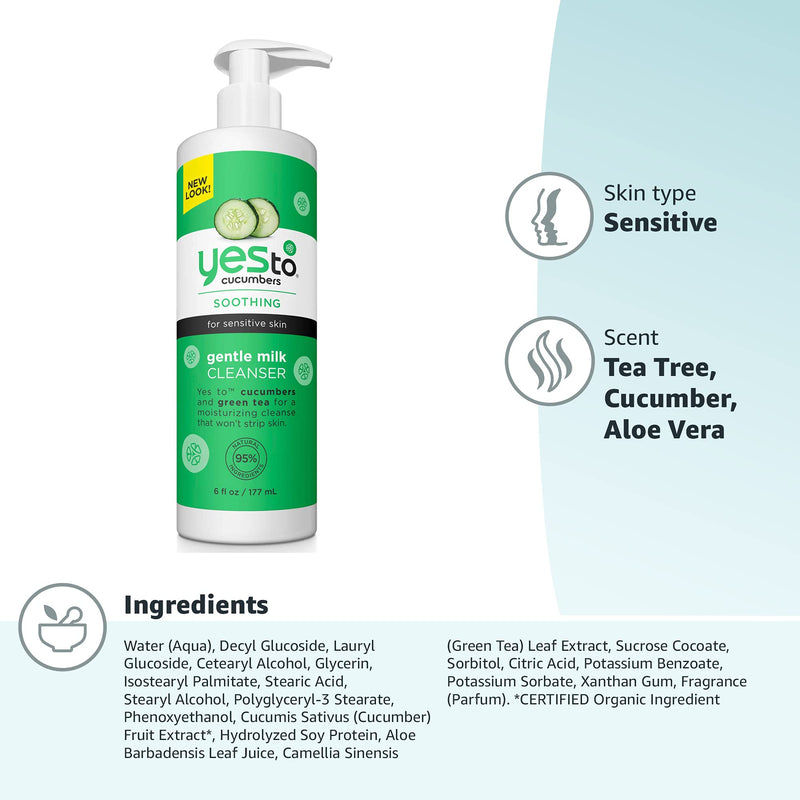[Australia] - Yes To Cucumbers Daily Gentle Milk Cleanser, Soothing Face Wash That Won't Strip Your Skin & Holds Moisture, With Cucumber Extract, Soy Proteins & Green Tea, Natural, Vegan & Cruelty Free, 6 Fl Oz Sensitive Skin (Cream) 