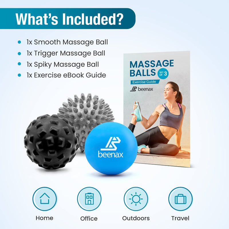 [Australia] - Beenax Massage Ball (Set of 3) - Perfect for Deep Tissue, Muscle Recovery, Trigger Point, Myofascial Release, Plantar Fasciitis and Muscle Relief - Designed to Relieve Stress and Relax Tight Muscles Blue 