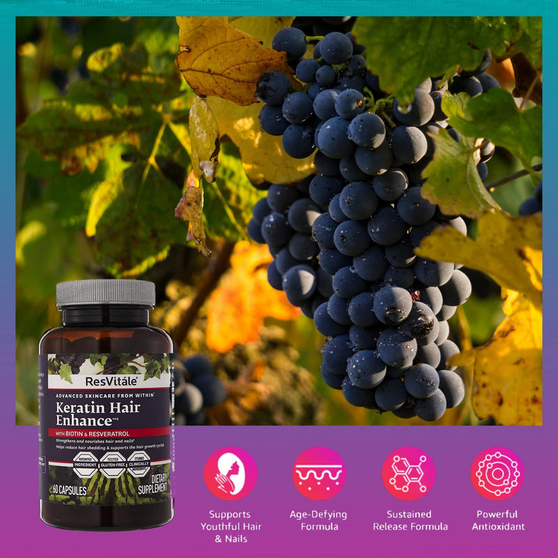 [Australia] - ResVitale Keratin Hair Enhance - Keratin Complex for Hair, Skin and Nails - Keratin Hair Booster with Resveratrol, Biotin, Vitamin B6, & Pantothenic Acid - 60 Veggie Caps 