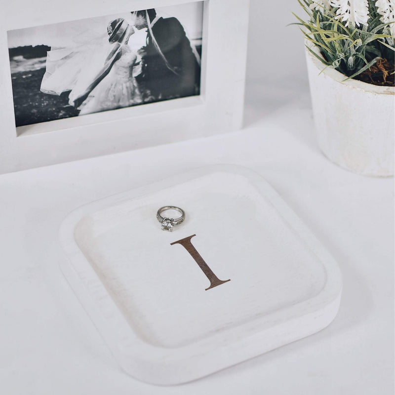 [Australia] - Solid Wood Personalized Initial Letter Jewelry Display Tray Decorative Trinket Dish Gifts For Rings Earrings Necklaces Bracelet Watch Holder (6"x6" Sq White "I") 6"x6" Sq White "I" 