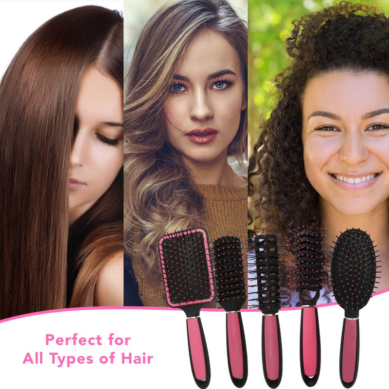 [Australia] - 5pk Hair Brush Set | Includes a Paddle Brush, Cushion Brush, Zig Zag Brush, Round Brush and Vented Brush | Silky Smooth Pink Hair Brushes | Includes SOL Notebook 