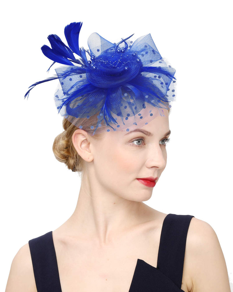 [Australia] - Fascinators Hat for Women Tea Party Headband Kentucky Derby Wedding Flower Cocktail Mesh Feathers Hair Clip 1-royal Blue 