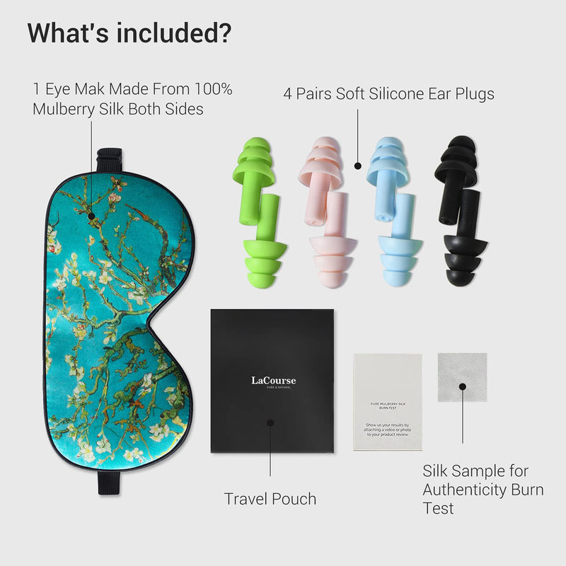 [Australia] - LaCourse 100% Natural Mulberry Silk Eye Mask for Sleeping with 4Pair EarPlugs & Travel Pouch, Both Sides 19 Momme Organic Silk, Adjustable Silk Sleep Eye Mask for Women, Green-Floral Green Floral With 4pair Earplugs 