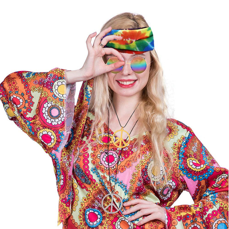 [Australia] - VALIJINA Hippie Costume Set Hippie Sunglasses Peace Sign Pendant Tie Dye Headband Bandana Peace Sign Earrings 60s or 70s Hippie Accessories B-G 