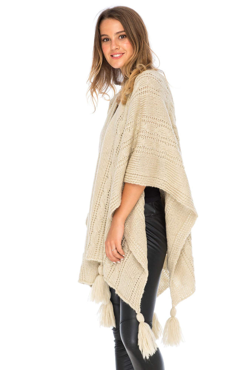 [Australia] - Back From Bali Womens Cable Knit Wrap Shawl Poncho Sweater Boho Long Soft Tassel Fringe Natural Silver 