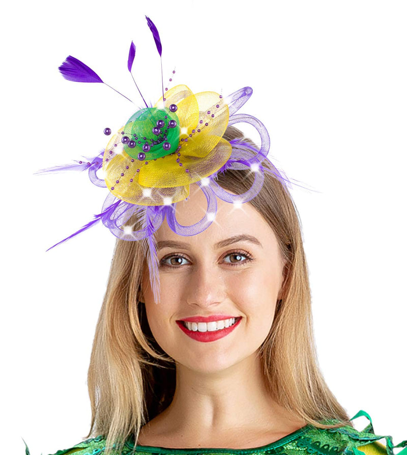 [Australia] - JAWEAVER LED Light Up Fascinators Hat Fascinators for Women Headband Tea Party Headwear Feather Headpiece Purple-yellow-green 