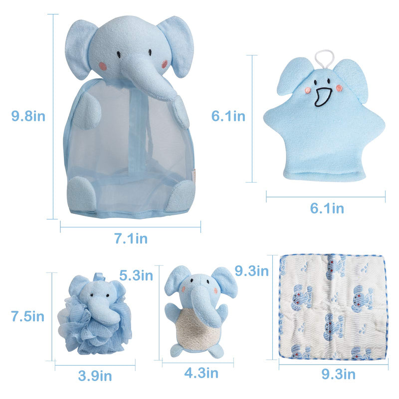 [Australia] - Shower Sponge Animal Bath Loofahs Pouf Wash Ball Puff Bulk Mesh Brush Luffa Body Scrubber for Kids,Toddler,Boys,Girls, Baby Shower Essential Skin Care, Soft Bathing Accessories Pack of 5(Elephant) Blue 