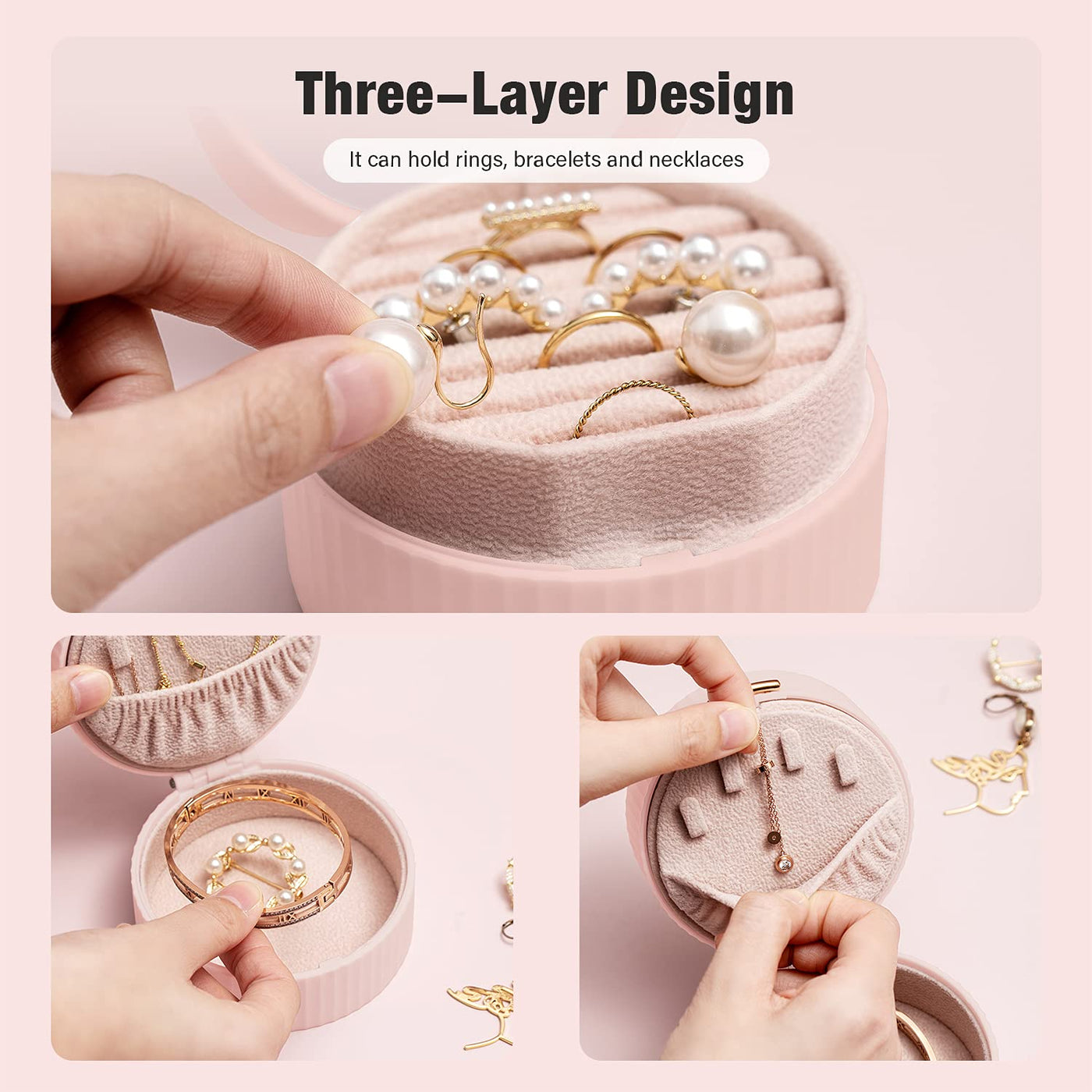 Jewelry Box for Women, Portable Double-Layer Jewelry Storage Box, Earrings,  Rings, Necklaces, Bracelets, PU Leather Compact Portable Jewelry Suitcase,  Pink Jewelry Box 
