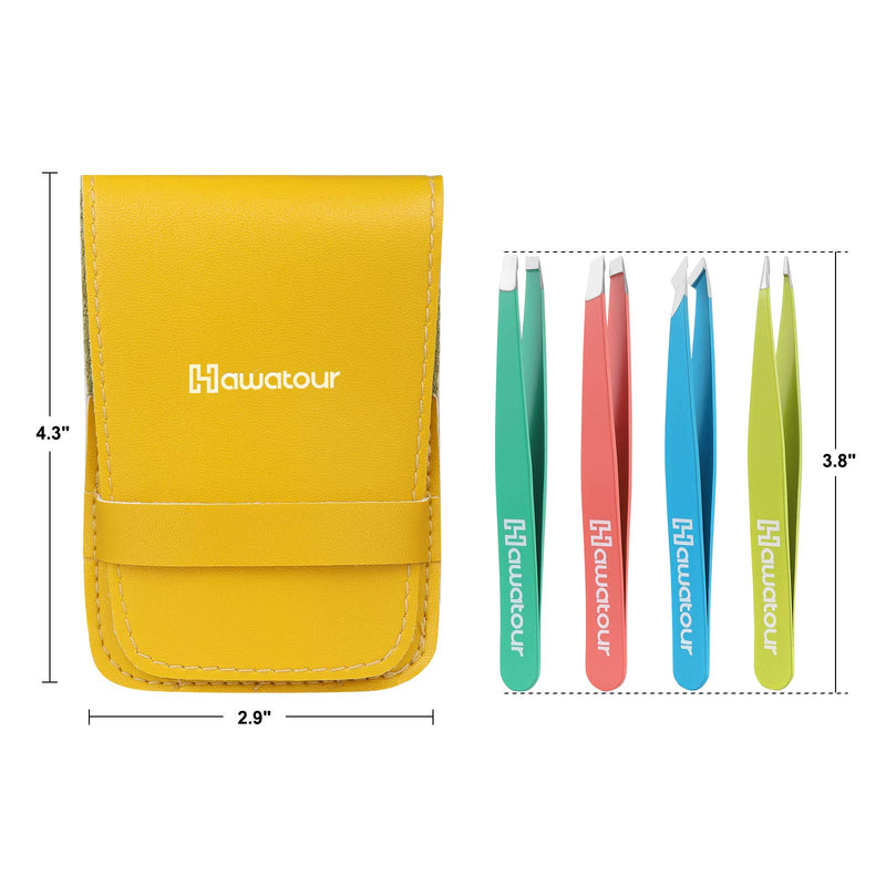 [Australia] - Tweezers Set, 4Pcs Eyebrows Tweezers and a Pair of Scissor with Leather Case, Great Precision for Eyebrow, Ingrown Hair, Splinter, Facial Hair Removal By HAWATOUR - Multi-Color 