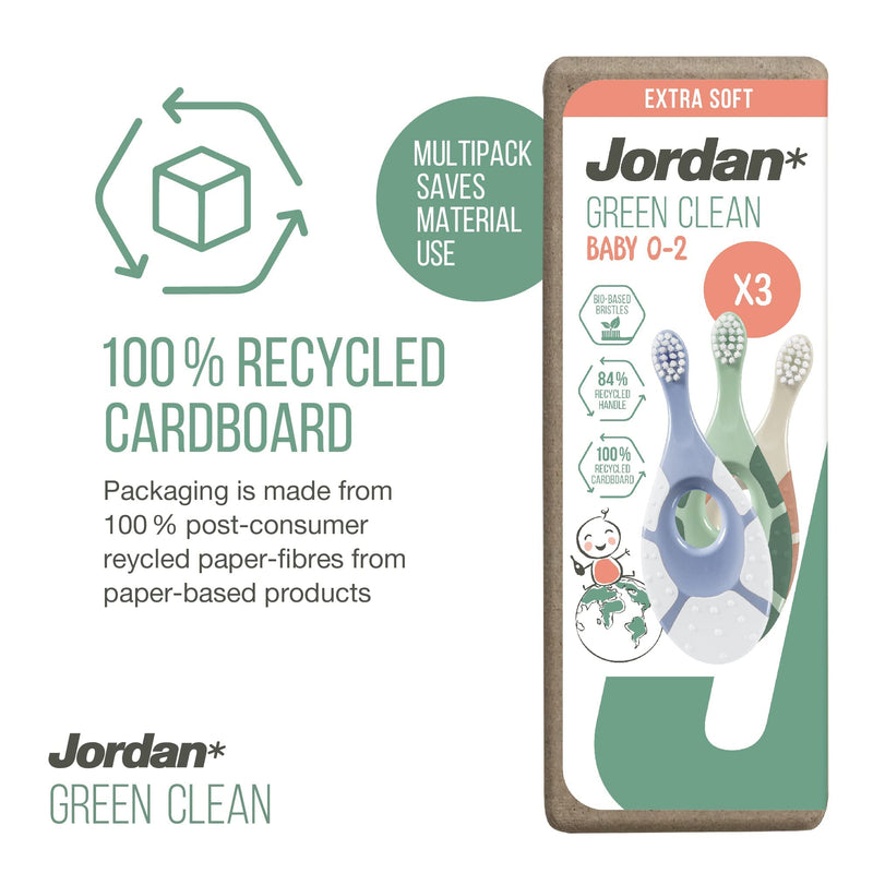 [Australia] - Jordan ® | Step 1 Green Clean Toddler Toothbrush | Sustainable Baby Toothbrush 0-2 Years | Bio Based Extra Soft bristles, 84% Recycled Handle, Soft Biting Ring | Mixed Colors | Pack 3 Units 