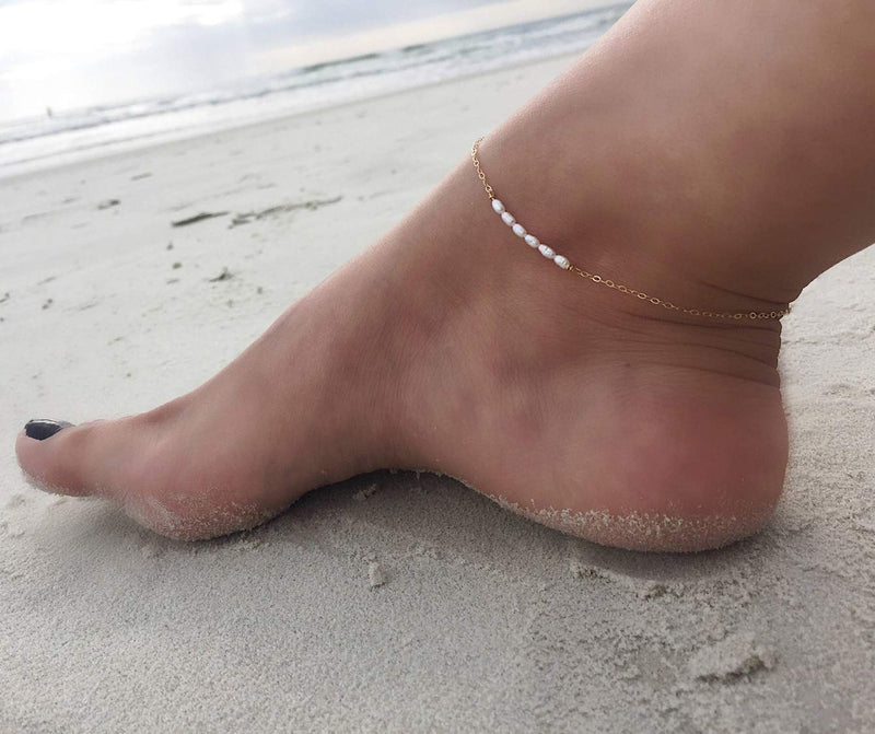 [Australia] - Mevecco Pearl Anklet Handmade 18k Gold Plated Dainty Boho Beach Cute Ankle Bracelet Adjustable Wafer Layered Turquoises Dangle Coins Foot Chain for Women Pearl Gold 