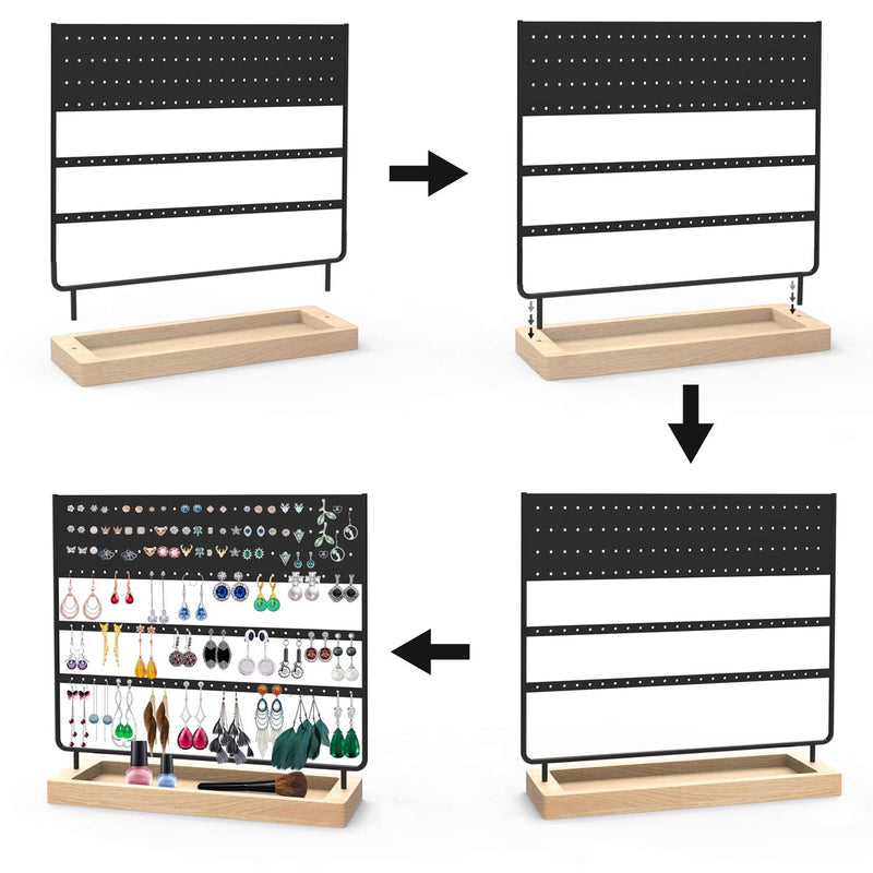 [Australia] - Earrings Organizer Jewelry Display Stand, 144 Holes Earring Holder Rack with Wooden Tray for Earrings Necklaces Bracelets and Rings Large Storage Earring Jewelry Display Tree as Women Girls Gift Black 
