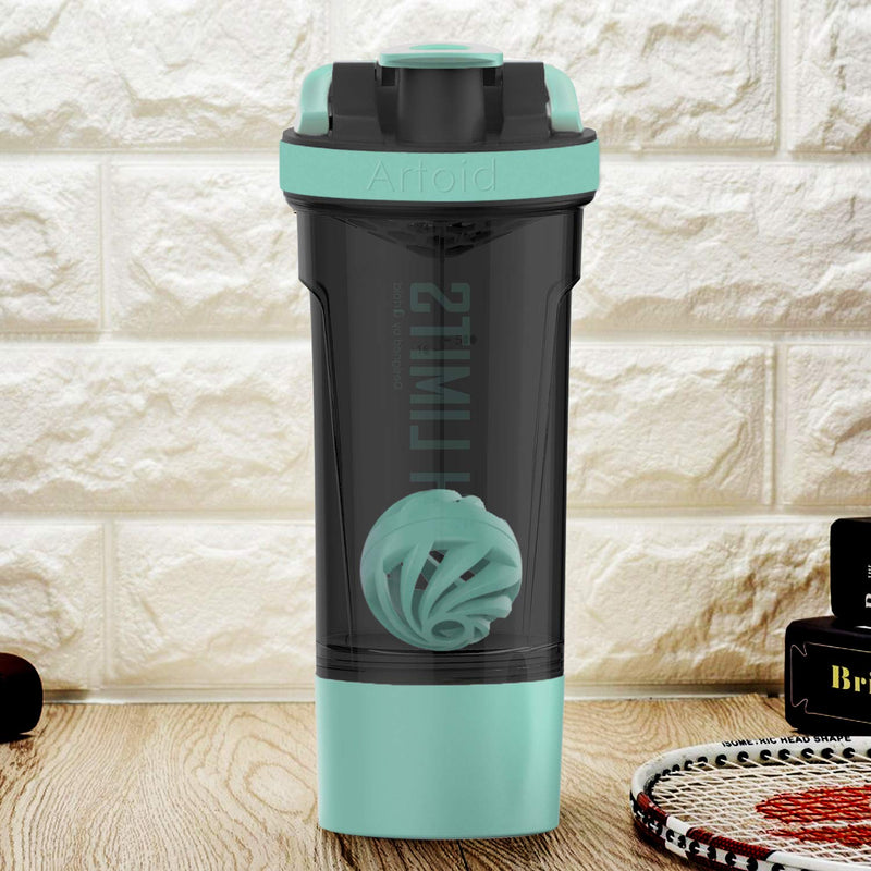 [Australia] - Artoid Mode 720ml Inspirational Sports Fitness Workout Protein Shaker Bottle with Twist and Lock Protein Box Storage, Dual Mixing Technology with Shaker Balls & Mixing Grids - BPA Free Aqua Green/Black 