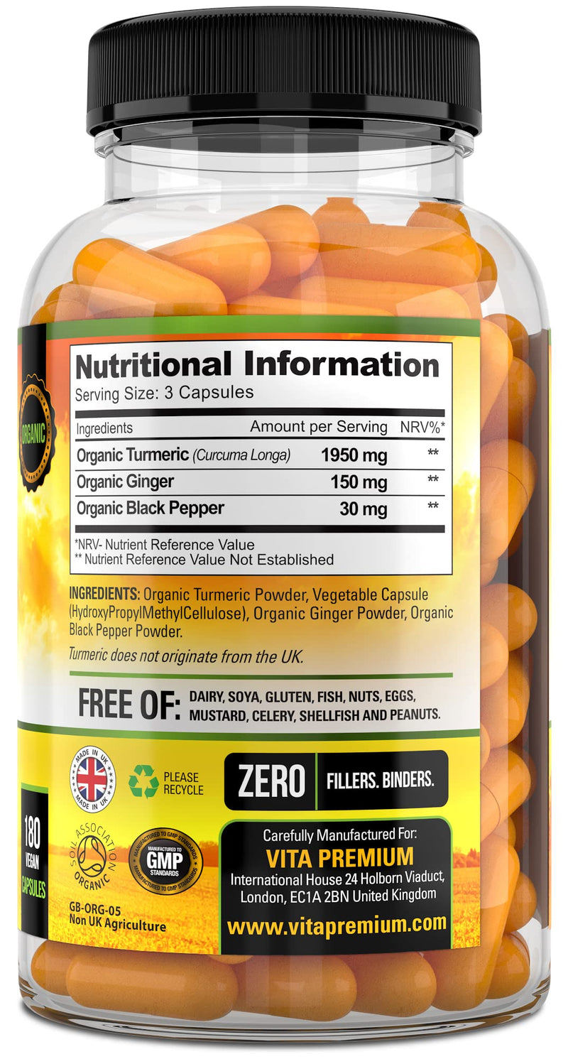 [Australia] - Organic Turmeric Curcumin 2130mg per Serving with Ginger and Black Pepper - 180 Vegan Capsules - High Strength Supplement 