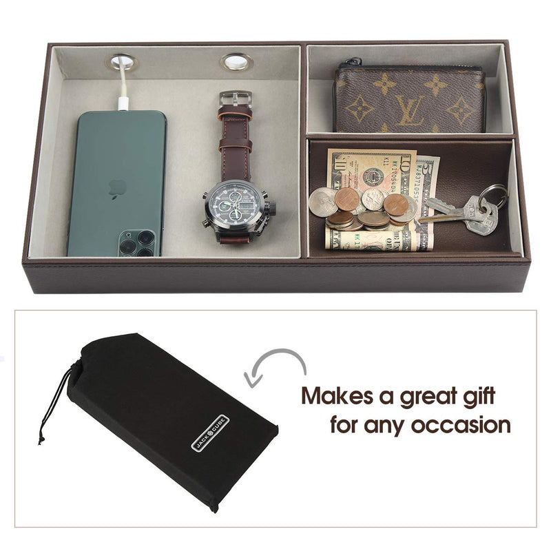 [Australia] - JACKCUBE DESIGN Nightstand Organizer for Men, Leather Valet Tray Key Wallet Phone Watch Glass Holder with 2 Charging Holes (Dark Brown, 14.2 x 7.7 x 2 inches) - MK234A 