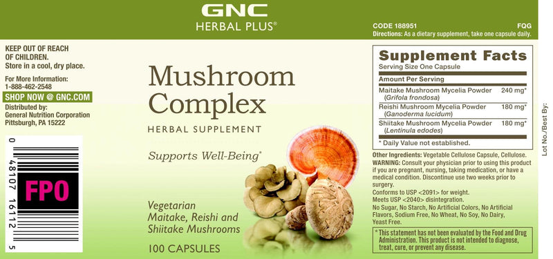 [Australia] - GNC Herbal Plus Mushroom Complex, 100 Capsules, Supports Well-Being 