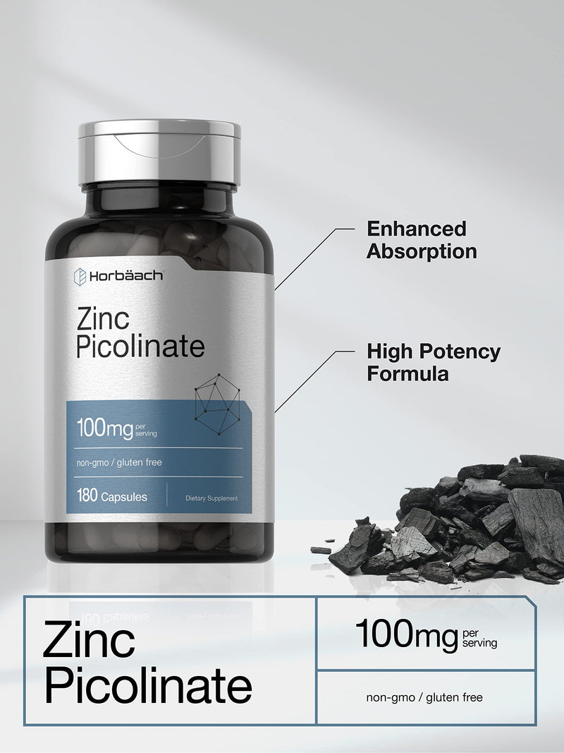 [Australia] - Zinc Picolinate 100mg | 180 Capsules | High Potency | Non-GMO, Gluten Free | Zinc Supplement | by Horbaach 