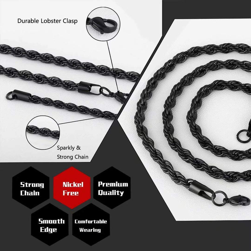 [Australia] - M MOOHAM 2.5MM 3MM 4MM 5MM Black Silver Gold Plated Stainless Steel Twist Rope Chain Necklace for Men Women 16-36 Inch 16.0 Inches Black-2.5mm wide-1pack 