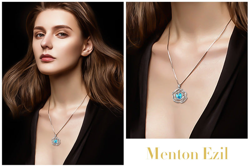 [Australia] - Menton Ezil "Rose Lover Swarovski Necklace 18K White Gold Flower Pendant Fashion Jewlery - Gift of Love Blue 