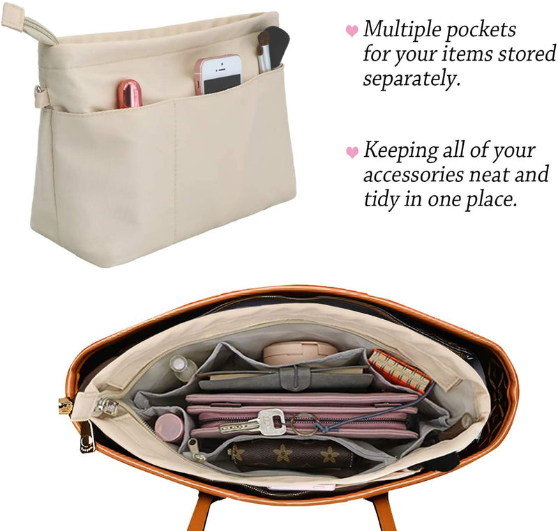 [Australia] - HyFanStr Purse Organizer Insert with Zipped Top for Tote Bag, Handbag Shaper with 13 Pockets X-Small Beige 